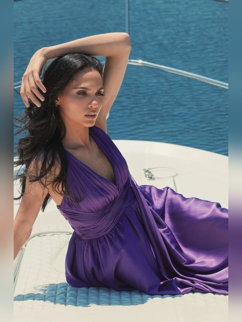 Ieena for Mac Duggal Purple Ruched Top Satin Pleated Tea Length Dress - Picture 11 of 11